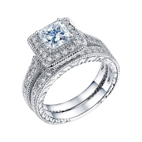 Sterling Silver Women's Wedding Ring Set Princess Cut CZ