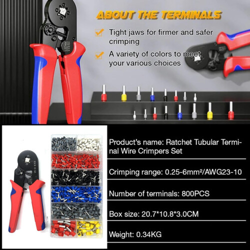 Kit de ferramentas de crimpagem de terminais com catraca e 800 terminais. 2