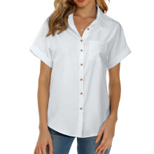 Women's short-sleeved polo shirt, button-down collar,-White XL