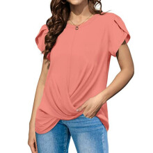 Womens Tops Casual Twist Front Blouses Short Sleeve-Pink XL