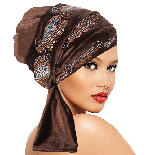 Glittering Turban Hat Rhinestones Pattern Headscarf Chemo-brown