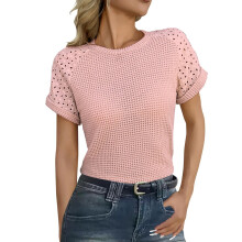 Women's Waffle Knit Tops Casual Short Sleeve Summer-Pink M