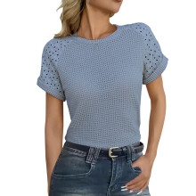 Women's Waffle Knit Tops Casual Short Sleeve Summer-Blue XL