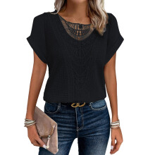 Womens Summer Tops Short/Long Sleeve Lace Shirts Boho-Black XL