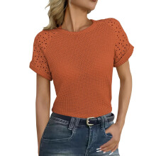 Women's Waffle Knit Tops Casual Short Sleeve Summer-Orange XL