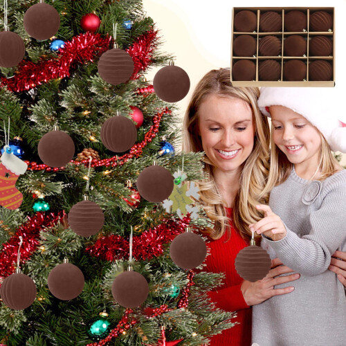 12-Piece Flocked Christmas Tree Balls, 6 cm, Coffee 1