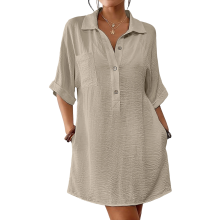 Women's Long-Sleeved Cotton Linen Length Shirt Top-Khaki XL