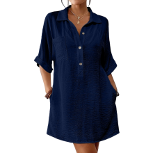 Women's Long-Sleeved Cotton Linen Length Shirt Top-Navy Blue M