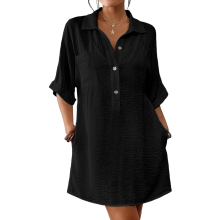 Women's Long-Sleeved Cotton Linen Length Shirt Top-Black XL