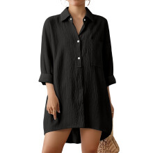 Women's Long-Sleeved Cotton Linen Length Shirt Top-Black M