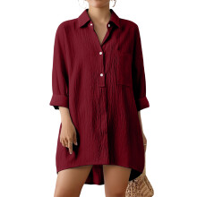 Women's Long-Sleeved Cotton Linen Length Shirt Top-Burgundy L