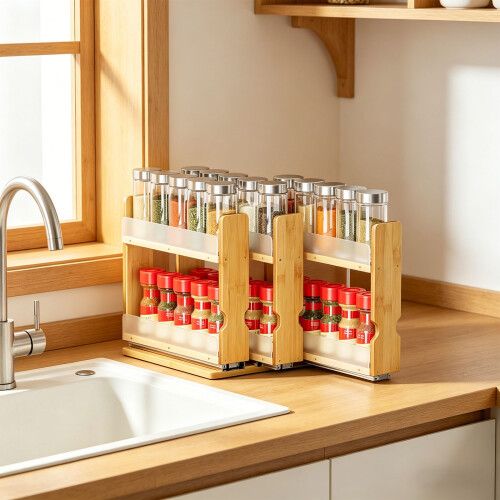 Double Layer Pull Out Seasoning Platform Made Of Durable Wood 1