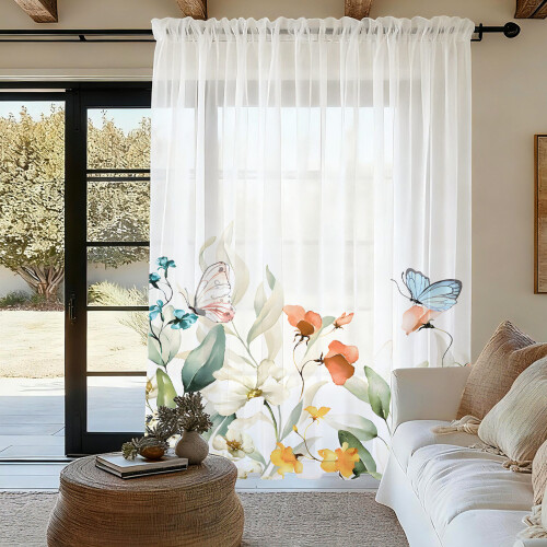 Leaf Pattern Window Curtain Polyester Sheer-Flowers 9 132x213cm 1