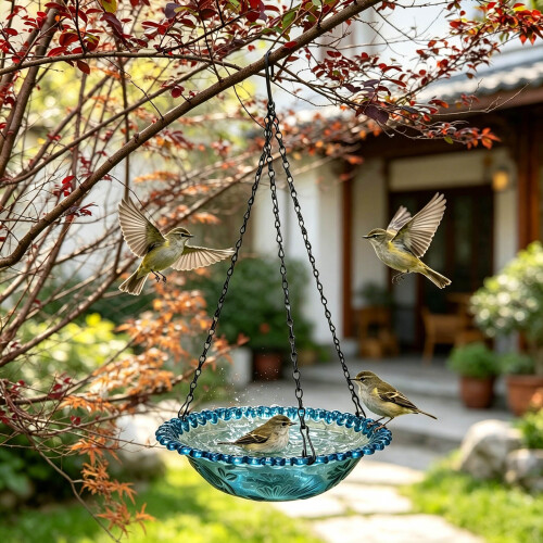 Hanging Plastic Bird Bath For Garden With Metal Hook-Blue 2