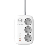 SiGN 65W GaN pikalatausjatkojohto, jossa 3 pistorasiaa, 2 USB-A-porttia, 2 USB-C-porttia, 2m - Valkoinen