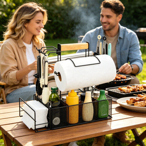 Flexibler Grillständer aus Eisen mit Ablagefächern und bequemem 1