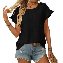 Eyelet Tops for Women Round Neck Embroidered Short-Black L