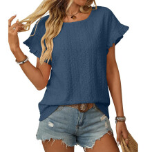 Eyelet Tops for Women Round Neck Embroidered Short-dark blue L