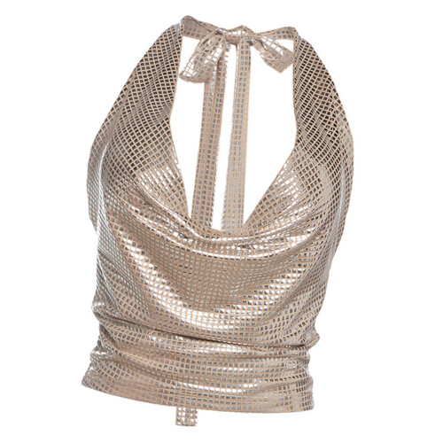 Pleated Adjustable Strap Bare Midriff Top Lightweight-M Khaki