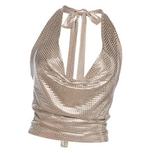 Sparkling Sequins Women Crop Vest Low Cut Backless-S Khaki