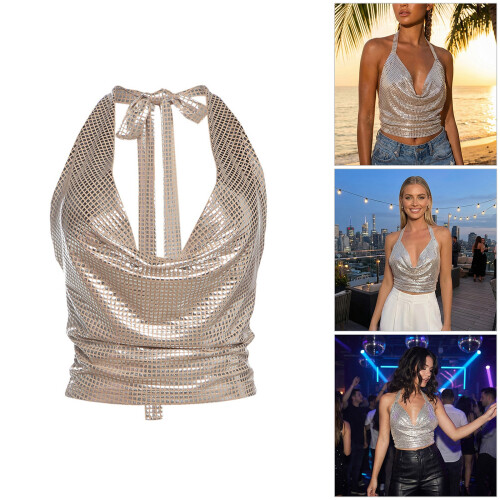 Pleated Adjustable Strap Bare Midriff Top Lightweight-M Khaki 1