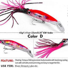 (D) 6PCS/Pack Fishing Lures Squid Octopus Jig with Skirt Bass Bait Hook Tackle 40g