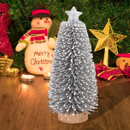 Mini Christmas Tree with Wooden Base Silver 1