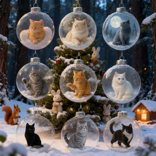 Clear 3D Cat Christmas Ornament, Shatterproof Plastic, 1 2