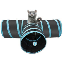 Cat Tunnel - PT035 - 3 Way Collapsible - Black and Blue - with Hanging Ball - Large Diameter