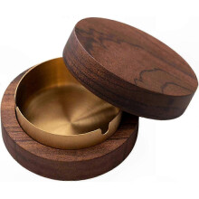 Windproof Wooden Ashtray with Lid, Stainless Steel Lined, Vintage Walnut Design for Indoor or Outdoor Use