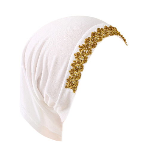 Solid Color Hijab Hat with Lace Flower Trim Muslims-White