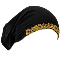 Muslims Solid Color Soft Turban Hat Lace Flower Trim-Black