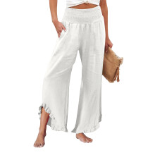 Women's linen wide-leg trousers with pleats, ruffled-White XXXL