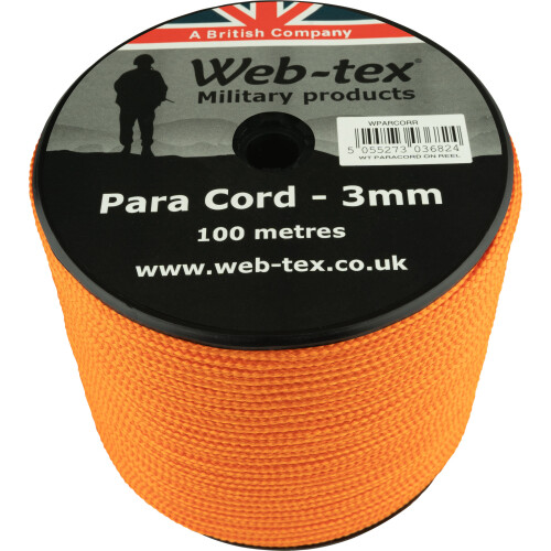 Web-tex 3mm Paracord 100m Reel, Polypropylene Parachute Cord Orange 1