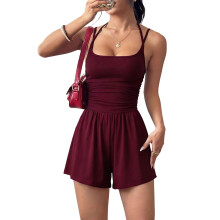 Rompers for Women Casual Adjustable Spaghetti Straps-Burgundy S