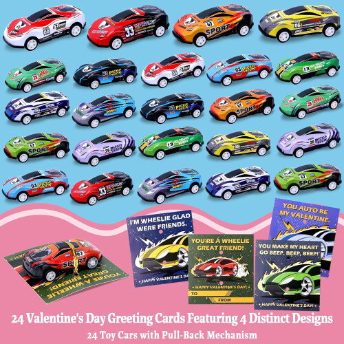 Valentine's Day Pull-Back Car Cards for Kids 24 Pcs 1