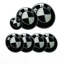 7 Emblemi logo BMW Nero Carbonio Grigio Cofano 82mm + Bagagliaio 74mm + Volante + 4 Coprimozzi 68mm