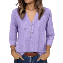 Damen-T-Shirts, halbe Ärmel, V-Ausschnitt, Baumwolle und-Lila S