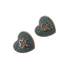 Vintage Inspired Blue Turquoise Heart Crosses Studs Earrings-B