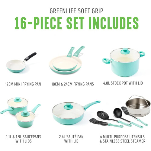 Soft Grip Healthy Ceramic Nonstick 16 Piece Kitchen Cookware Pots and Pans Set, 1