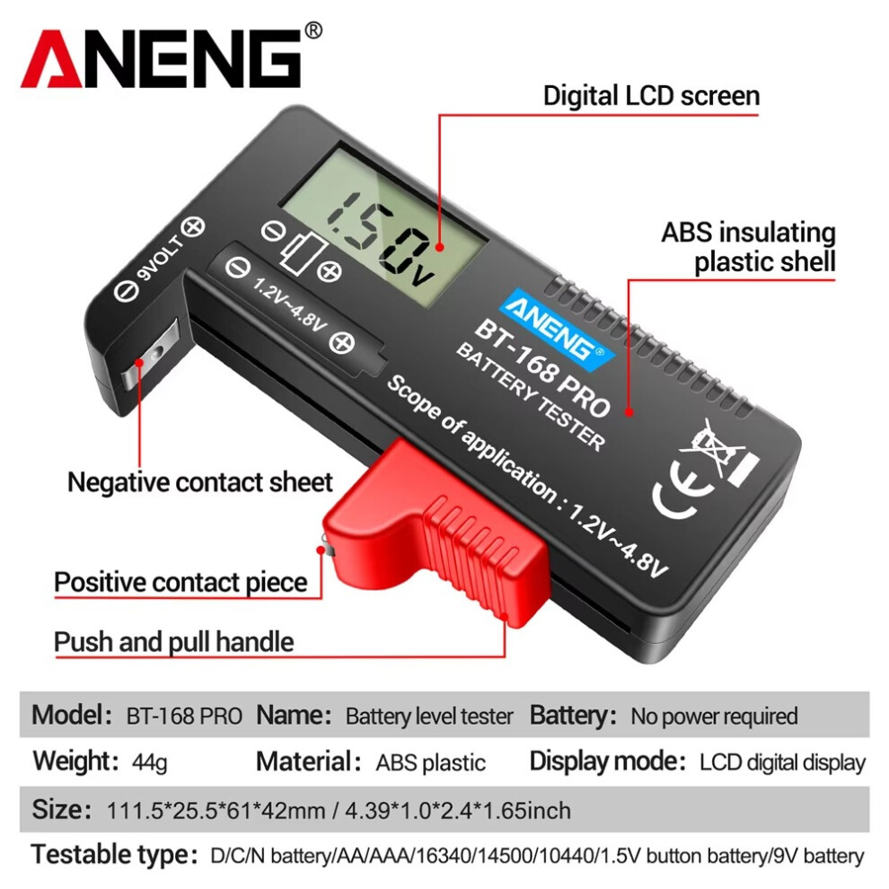 Aneng Bt-168 Pro Digital Lithium Battery Capacity Tester Checkered Load Analyzer Display Check Aaa Aa Button Cell Universal Test 843163084711