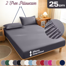 (Double, Grey) 3 Piece Fitted Sheet Set Bed Sheets & Pillowcases