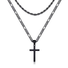 Cross Pendant Necklace Stainless Steel Layered Rope and