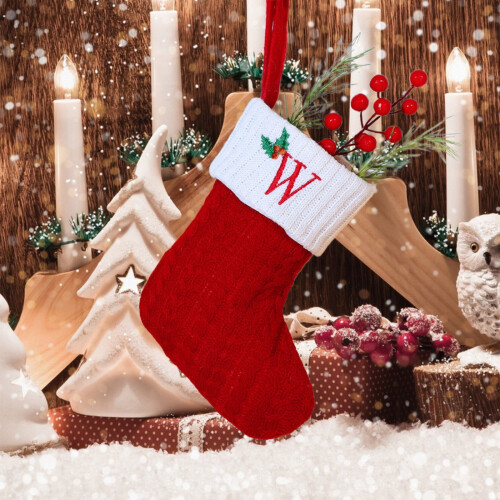 Initial Christmas Stocking – Red & White Knit, 7.9 in 1