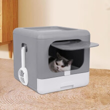 Cat Litter Box, Large Foldable Toilet House with Lid, Drawer Tray and Litter Scoop, Cat Toilet with Lid