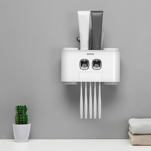 Automatic Toothpaste Dispenser Dustproof Brush Holder Cups No Nail Wall Mount-TIM