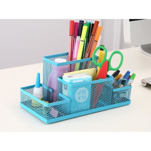 Desk Organizer Blue Metal Mesh Desktop Multifunction Box Storage Case Pens Home Child Student