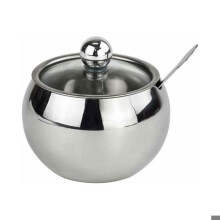 Stainless steel sugar bowl with lid and clear glass spoon, spice jar for salted sugar tea