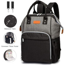Waterproof Diaper Bag Backpack Baby Travel Bag, Large Capacity Nappy Bag with Stroller Hooks (Black and Gray)