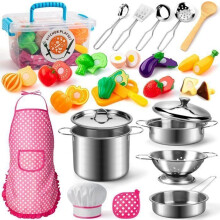 Kids Kitchen Accessory, Role Play Chef with Stainless Steel Utensils Pots and Pans Children's Kitchen Set for Boys